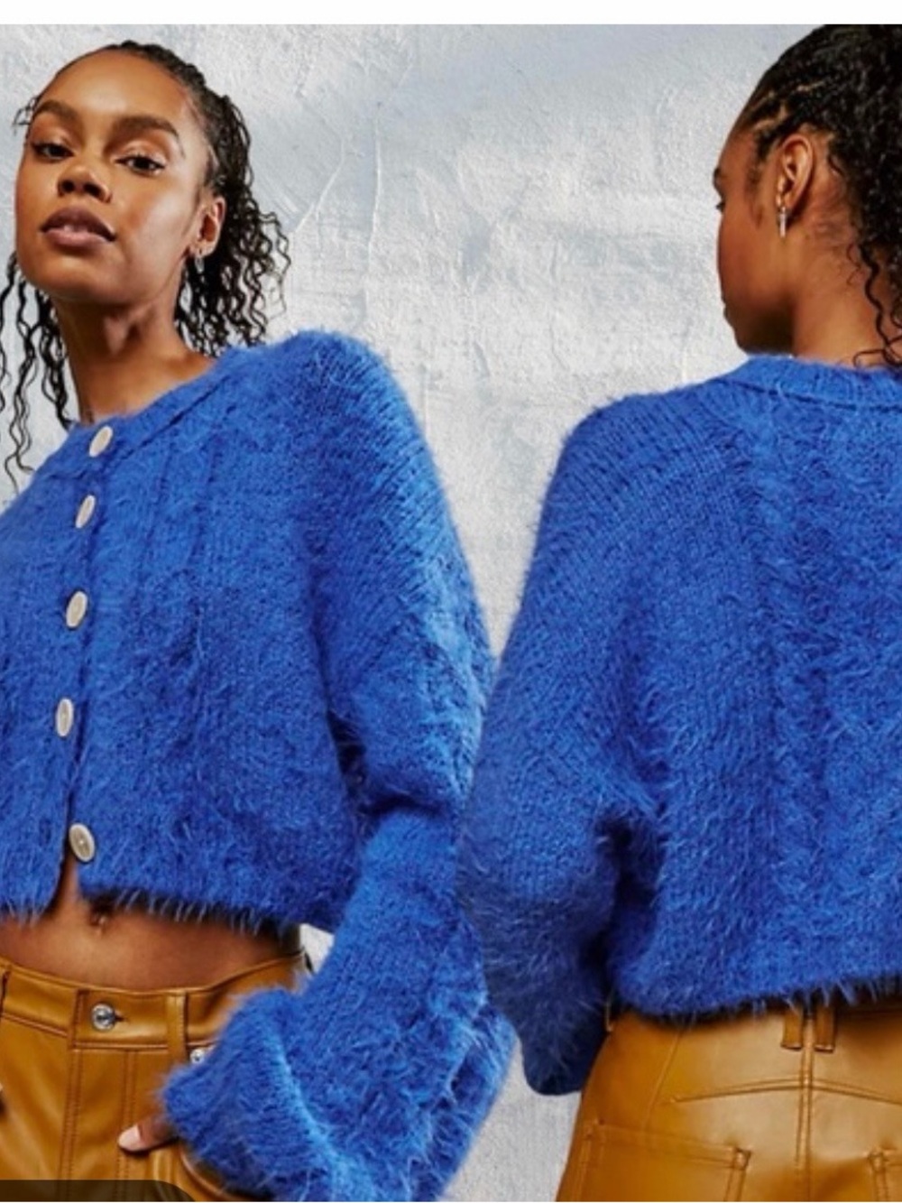 Free People Electric Blue Fuzzy Button-Front Crop Cardigan